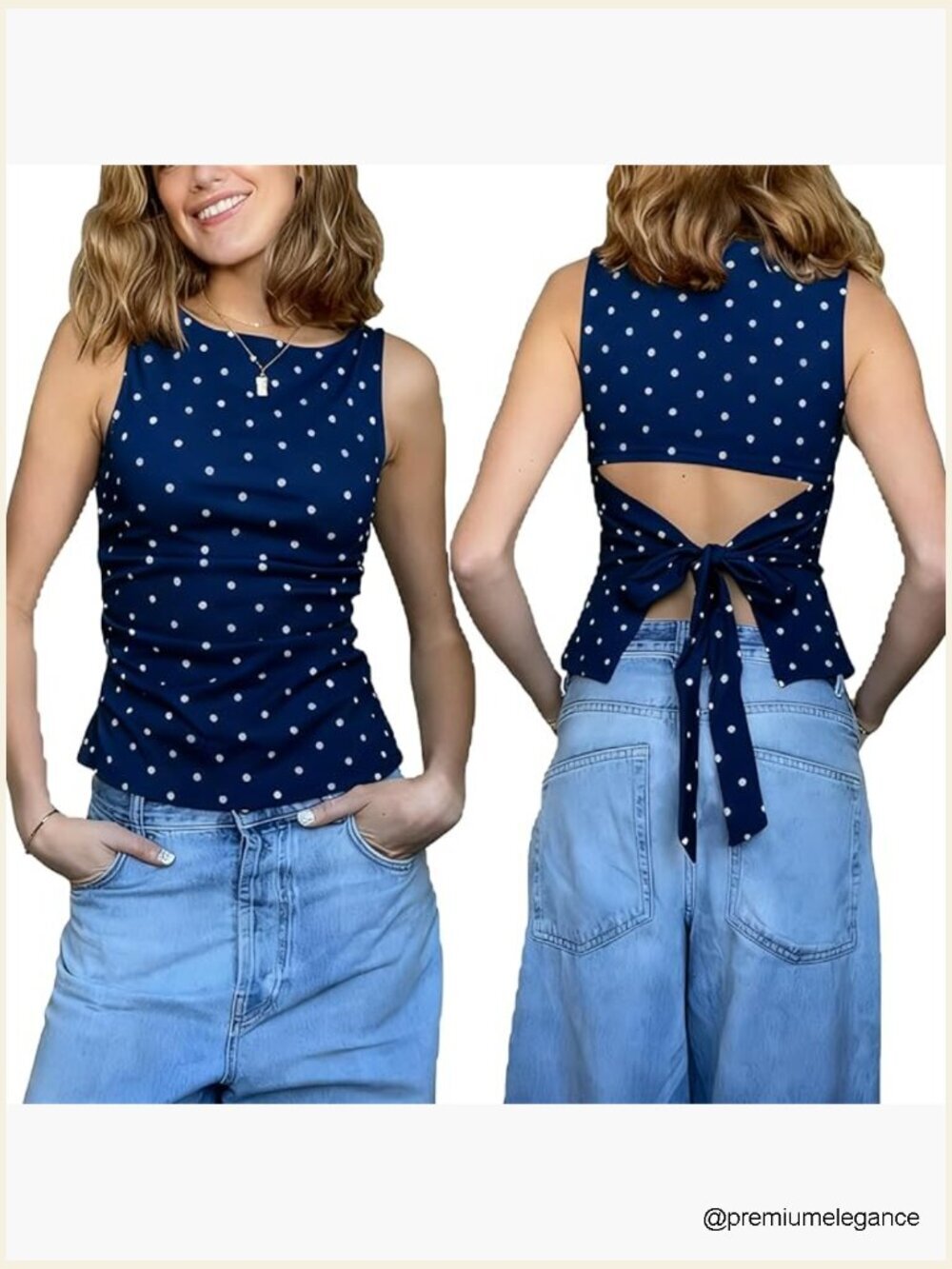 Polka Dot Boat Neck Tank Top - Y2K Fitted Side Ruched Tie Back